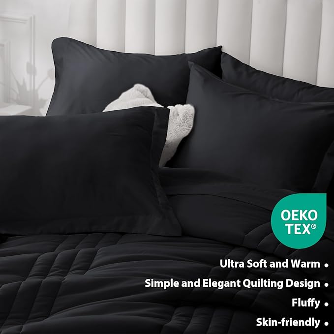 Twin Comforter Set Black - Bed in a Bag Twin Size 5 Pieces, Soft Bedding Set for All Seasons, Premium College Dorm Comforter Set with Comforter, 1 Sheet, 1 Pillowcase & 1 Sham