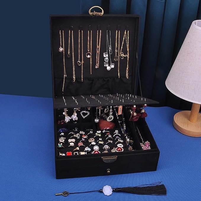 Women Jewelry Box Lockable 3 Layers Large Jewelry Organizer Storage Case for Earrings Necklaces Rings Bracelets,Green Display Jewel Holder (Black) - Image 5