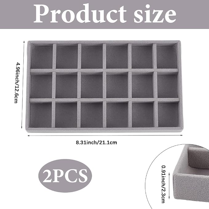 2Pcs 5 x 8.3 Inch 18 Grid Jewelry Tray Drawer Insert Velvet Earring Organizer Display Case Storage with Removable Divider Container Box for Rings Watch Necklace Trinket Holder Showcase Gray - Image 2