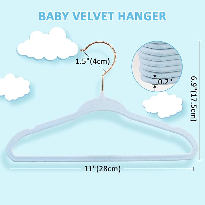 Tonswachic Baby Hangers 50 Pack - 11 Inch Premium Velvet Non Slip Kids Hanger for Infant & Toddler Clothes - 0.2" Ultra Thin Baby Closet Hangers with 10 Hanger Clips - Blue - Image 2