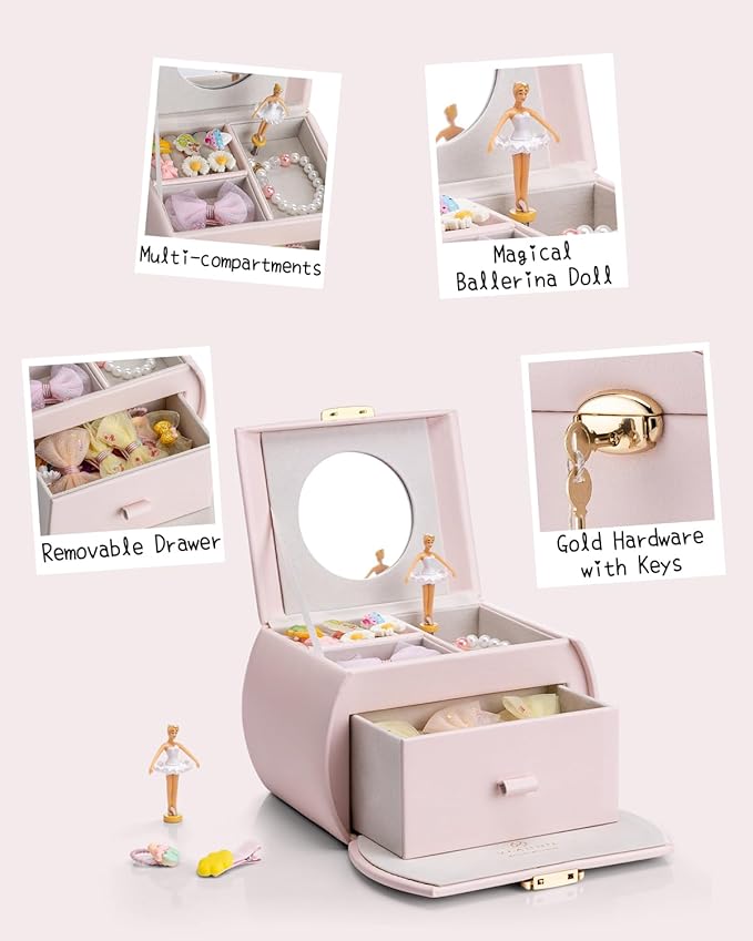 VLANDO Kids Musical Jewelry Box for Girls with Drawer, Music Box with Ballerina and Stickers for Birthday Bedroom Decor, Gifts for Girls Kids Christmas Thanksgiving Gifts 2024 - Light Pink - Image 5