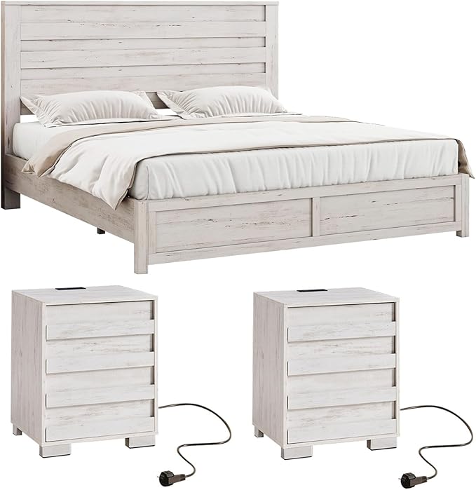 LUXOAK 3 Pcs Bedroom Furniture Sets, Farmhouse Full Size Bed Frame with 49" Tall Headboard and Nightstand Sets of 2 with Charging Station, Slated Handles & Stainless Steel Feet, Distressed White