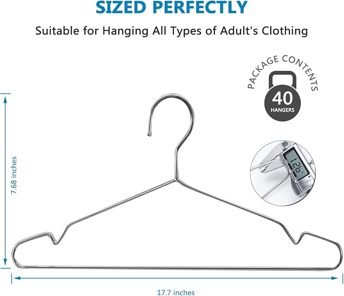 Fayleeko Heavy Duty Stainless Steel Coat Hangers - 40 Pack of 17.7 Inch Ultra Thin, Space Saving Clothes Hangers (Silver) - Image 4