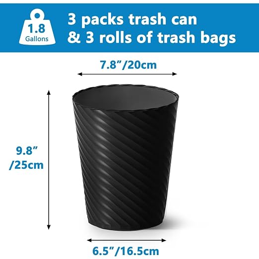 Lysam Bathroom Trash Can, 3 Pack 1.8 Gallons Small Trash Can with Trash Bags, Bathroom Garbage Can, Plastic Trash Bin, Round Waste Basket for Bedroom, Office, Kitchen, Room, Compact Space (Black) - Image 3