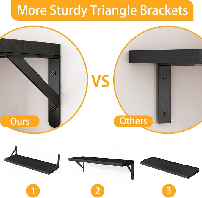Fixwal Floating Shelves for Wall, Wood Wall Mounted Shelves for Bedroom, Bathroom, Living Room, Kitchen Storage and Decor(Black, Set of 4, 16.5 Inch) - Image 4