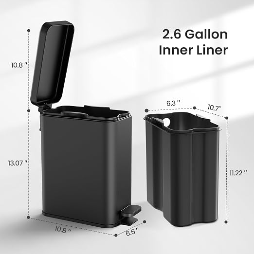 Cesun Bathroom Trash Can with Lid, 2.6 Gallon Small Black Bathroom Garbage Can Soft Close, Stainless Steel Waste Basket with Step Pedal for Bedroom, Laundry Room, Living Room, Home Office, Toilet, RV - Image 6