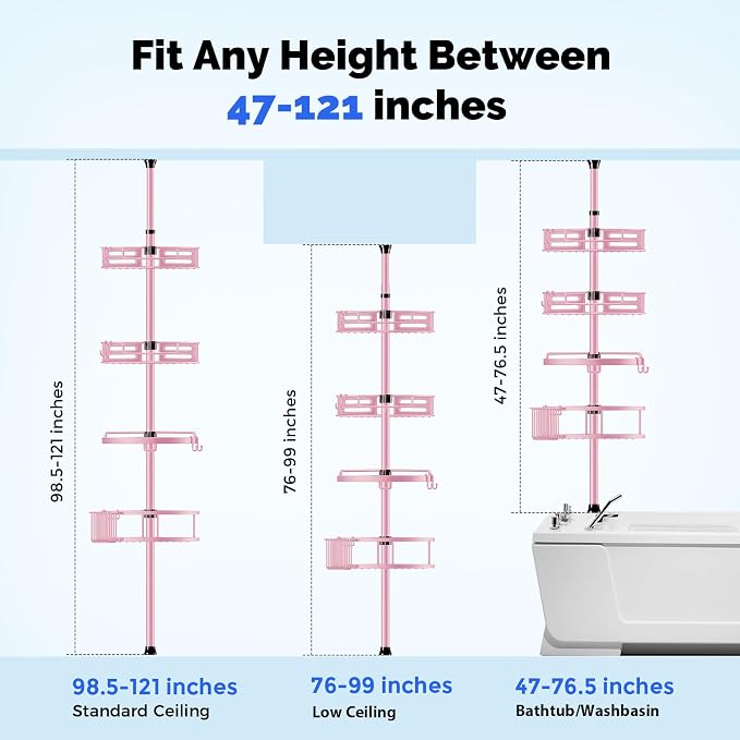 HAMITOR Corner Shower Caddy Tension Pole: Quick Installation 4-Tier Rustproof Bathroom Organizer Shelves for Bathtub Shampoo Storage - 47-121 inch Adjustable Floor Standing Bath Rack Holder - Pink - Image 6