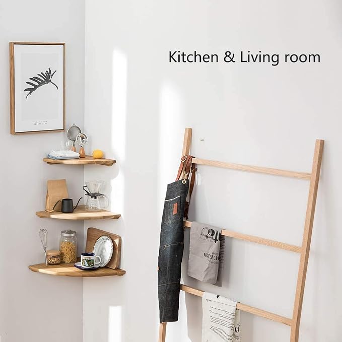Corner Shelf, 7inch Solid Oak Wood Floating Corner Shelf Wall Mount Round End Floating Speaker Shelves with Wire Hole for Small Plant Photo Frame for Bedroom Kitchen, Living Room | Wire Hole, Small Plant, Photo Frame, Bedroom, Kitchen, Living Room - Image 8