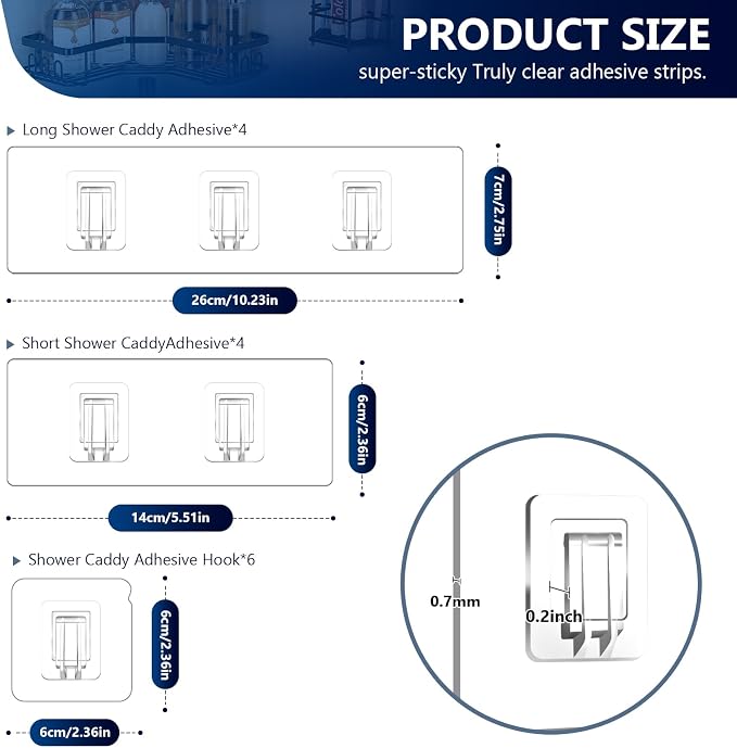 14 Pack Shower Caddy Replacement, Strong Adhesive Flat Hooks, Clear Waterproof Shower Shelf Strips for No Drilling Bathroom Storage Shelves, Soap Holder, and Kitchen Racks - Image 2