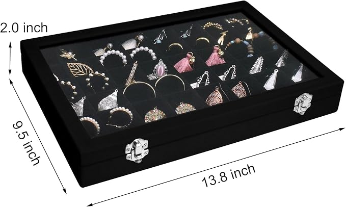 Siveit Velvet Jewelry Tray 48 Grid Jewelry Display Tray Organizer Box with Transparent Lid Rings Earrings Necklaces Pendants Display Box Suitable for Women and Girls (Black) - Image 3