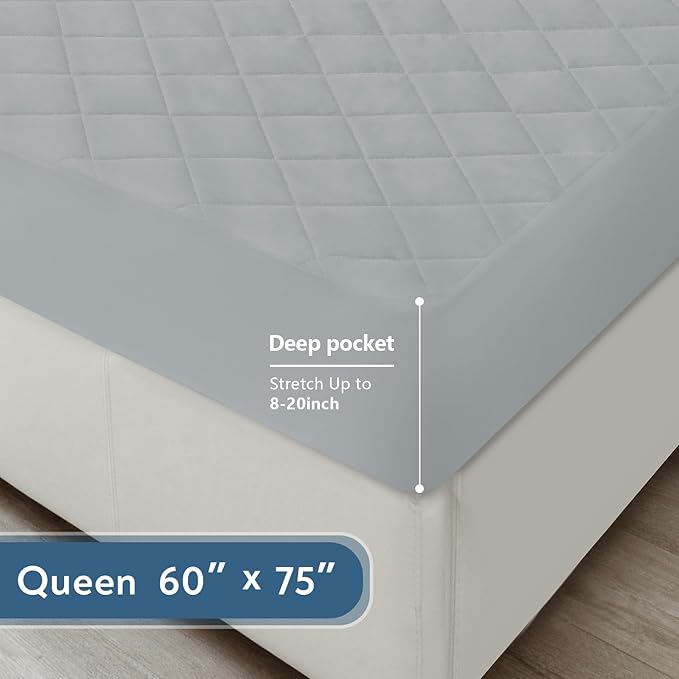 Queen Mattress Protector Waterproof, Mattress Pad Quilted, Queen Size Mattress Cover Fitted Mattress Topper, Up to 20 Inch, Gray
