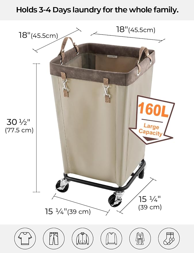 StorageWorks 160L Laundry Basket with Wheels, Large Rolling Hampers for Clothing Organizer, Dirty Clothes Basket for Hotel, Home, Closet, Dorm, Light Khaki - Image 2