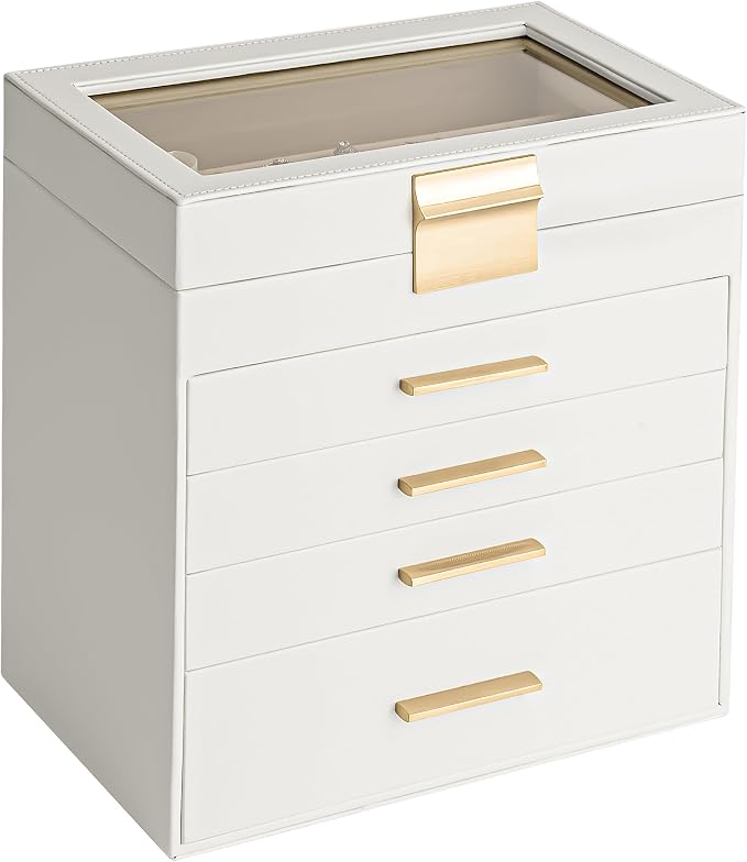Somduy Jewelry Box, 5 Layers Jewelry Storage Display Box with Glass Lid for Women, 4 Drawers,Large Capacity for Necklace Earrings Bracelets Rings,White by Somduy