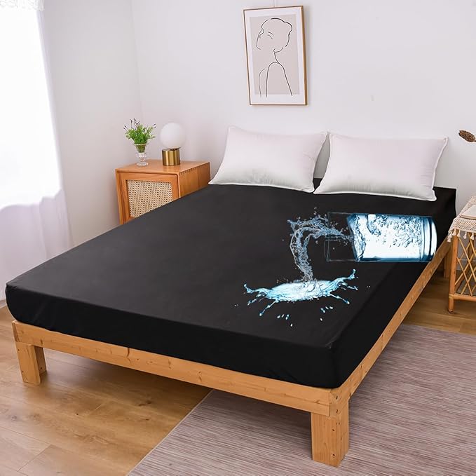 Holawakaka Full Waterproof Mattress Protector Black Fitted Sheet Breathable Bed Mattress Pad Cover, 14" Deep Pocket (Black, Full)