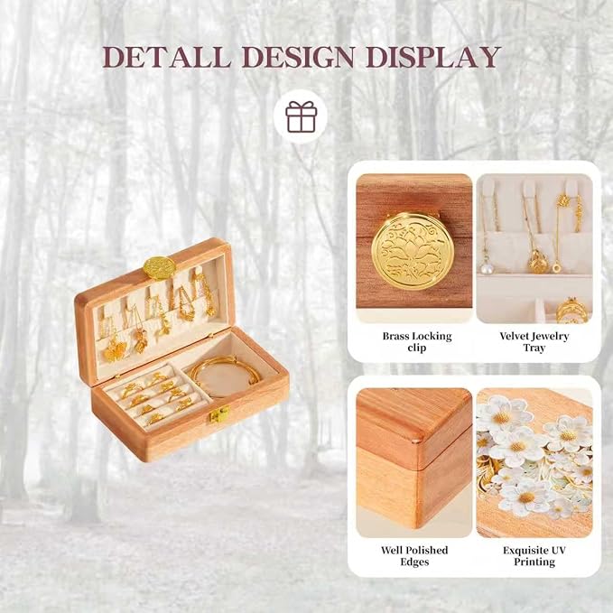Travel Jewelry Case Small Wood Jewelry Organizer Jewelry Box for Women (Pine Wood Print B) - Image 3