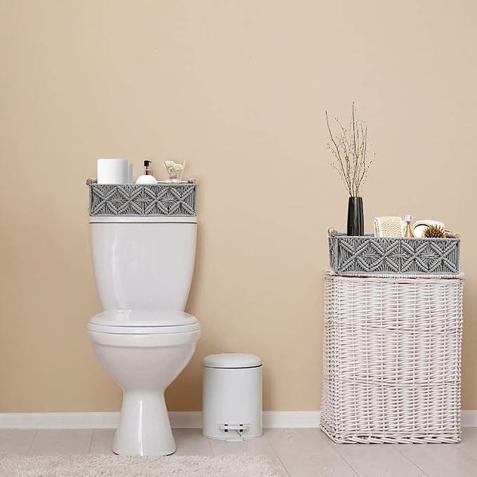 Macrame Storage Basket Boho Decor Baskets for Organizing Woven Decorative for Countertop Toilet Paper Basket for Tank Top for Home Decor Bedroom Nursery Livingroom Entryway (Set of 2,Grey) - Image 6