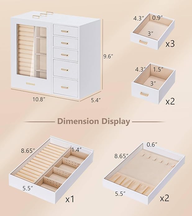 Homde Large Jewelry Box/Organizer/Case with Glass Window, Drawers for Necklaces Earrings Rings Bracelets Watches Gift for Women Girls - Image 6