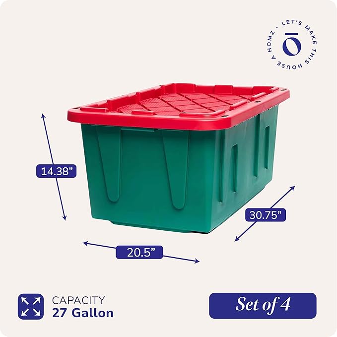 HOMZ 4-Pack Durabilt, Heavy Duty Plastic Storage Bins with Lids, 27 Gallon, Red/Green - Stackable Container Boxes for Holiday, Attic, and Garage Organization - Image 4
