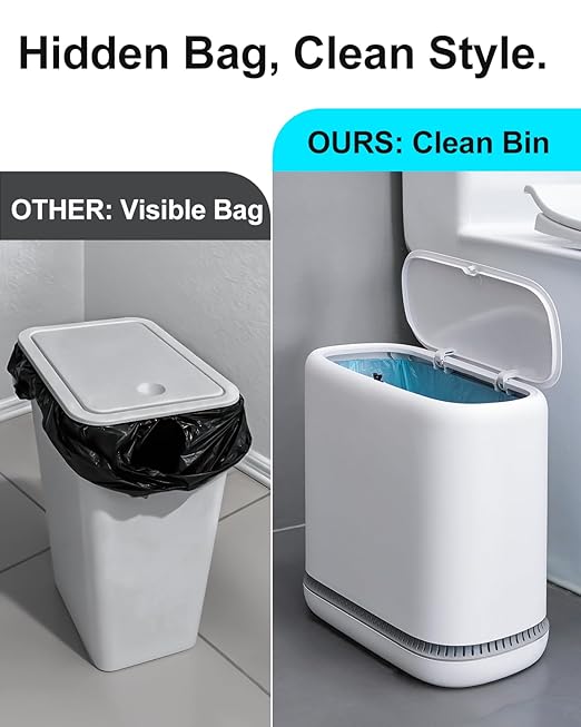 2.3 Gallon Slim Small Bathroom Trash Can with Lid, White Dog Proof Garbage Can with Air-Press Bag Expander & Removable Bucket, Narrow Bathroom Waste Basket for Bedroom, Office, Dorm - Image 6