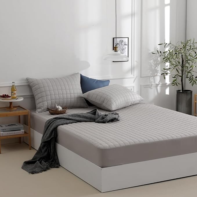 Quilted 100% Cotton Mattress Cover – 6 Colors, Machine Washable, Breathable & Stretchy, Fits up to 16-Inch Deep, Twin/Full/Queen/King (Gray, Queen)