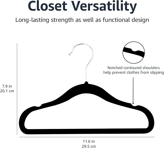 Amazon Basics Kids Space Saving Velvet Non-Slip Clothes Hangers with Shoulder Notches for Infant and Toddler, 11.6", Black, 50-Pack - Image 5