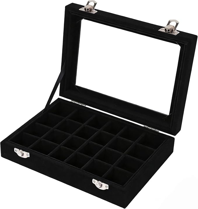 Velvet Jewelry Box 24 Grid Jewelry Earrings Display Organiser Box Ring Tray Holder Earrings Storage Case for Girls Women Wife Mom (Black) - Image 3