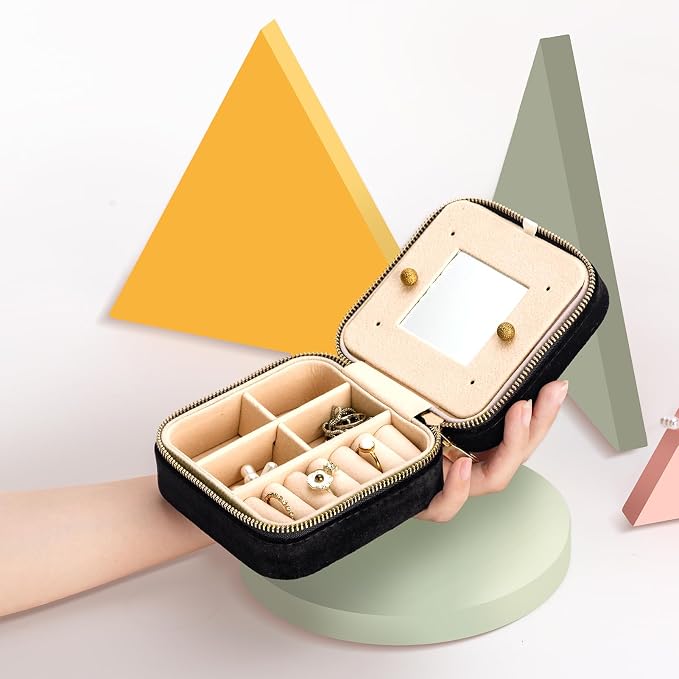 Travel Velvet Jewelry Box with Mirror, Mini Gifts Case for Women Girls, Small Portable Organizer Boxes for Rings Earrings Necklaces Bracelets (Black) - Image 3