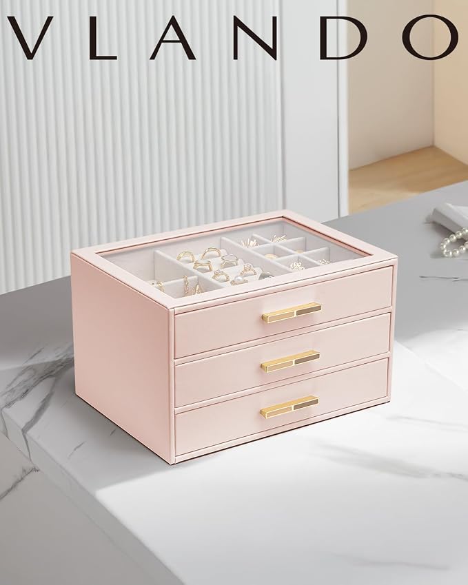 VLANDO Jewelry Box for Women, Glass Lid Jewelry Organizer with 3 Drawers for Necklaces Rings Earrings Bracelets Mother Day Gift for Mom - Dark Pink - Image 7