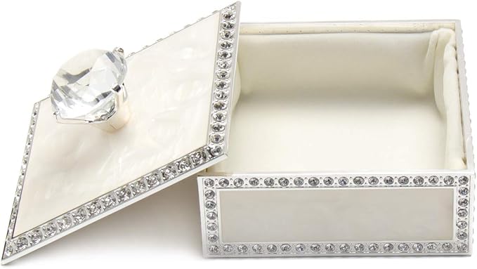 LASODY Diamond Crystal Jewelry Storage Box for Rings Earrings Necklace Treasure Chest Organizer Jewelry Keepsake Gift Box Case for Girl Women (Diamond Square Silver Plater White) - Image 4