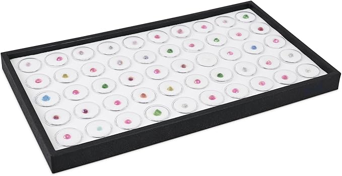 Ikee Design White Foam Gem Jars Showcase Stackable Display Tray for Collectibles, Home Organization Storage Box with 50 Gemstones and Bead Storage Jars, White Foam/Black Tray by IkeeDesign