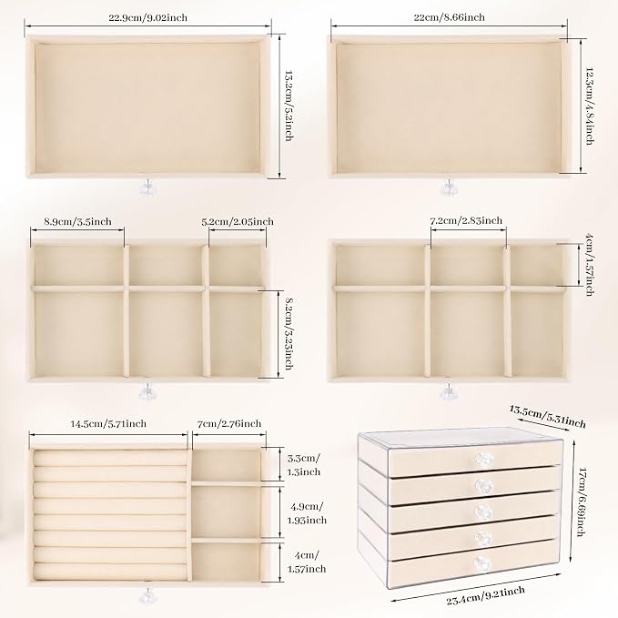 Hyber&Cara Luxury Acrylic Jewelry Box Organizer - 5 Drawers Velvet Lined Clear Stackable Storage for Earrings Necklaces Rings Bracelets Elegant Beige Dresser Top Vanity Display - Image 5