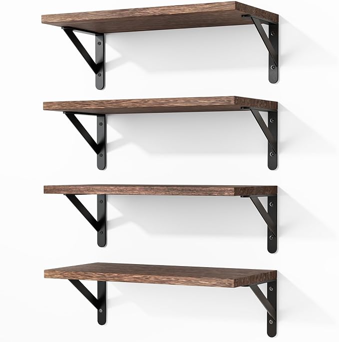 Fixwal Floating Shelves for Wall, Wood Wall Mounted Shelves for Bedroom, Bathroom, Living Room, Kitchen Storage and Decor(Brown, Set of 4, 16.5 Inch) by Fixwal