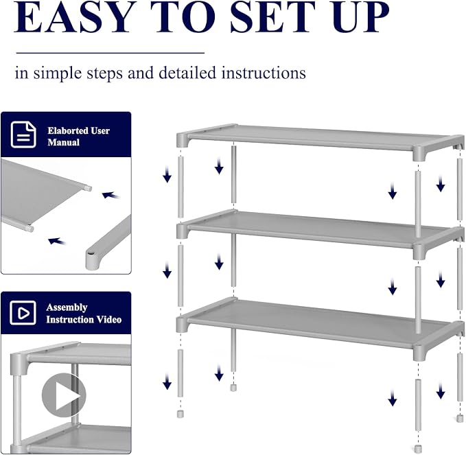 Kitsure Shoe Rack - Non-Woven Shoe Rack Shelf, Shoe Organizer for Closet, Entryway, Garage & Corridor, Stackable Shoe Shelves, 27.5" Wide - 3 Tier, Grey - Image 5