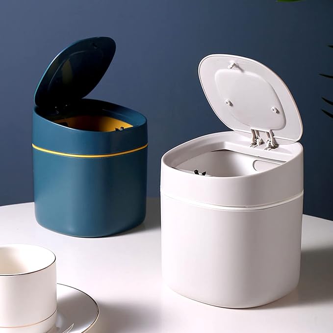 LTWQLing Plastic Mini Trash Can with Lid - 2 L Pop Up Wastebasket for Bathroom Vanity, Desktop, Tabletop or Coffee Table - Dispose of Cotton Rounds, Makeup Sponges, Tissues (Grey) - Image 2