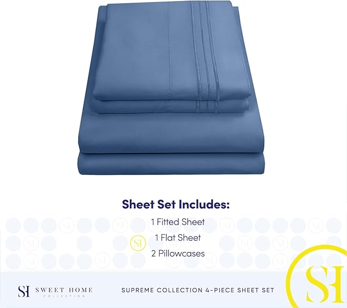 Split King Sheets - Breathable Luxury Sheets with Full Elastic & Secure Corner Straps Built In - 1800 Supreme Collection Extra Soft Deep Pocket Bedding Set, Sheet Set, Split King Size, Denim