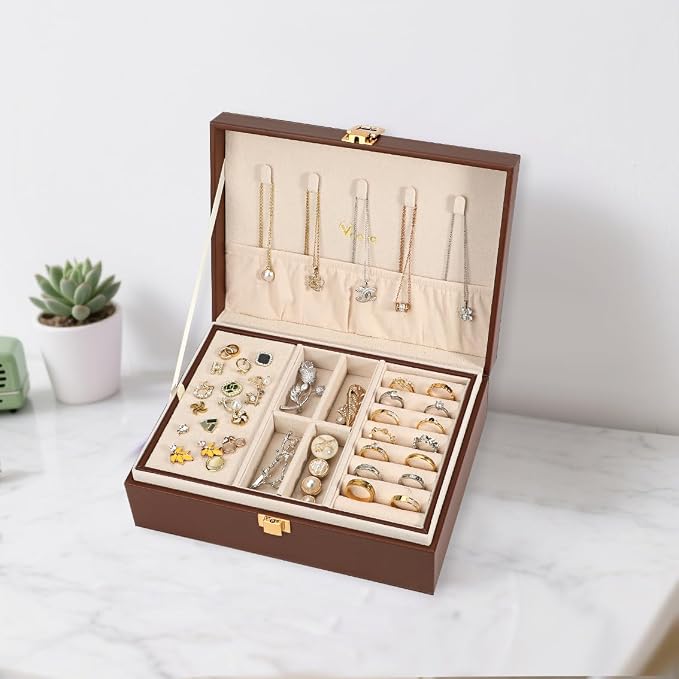 Voova Jewelry Box Organizer for Women Girls, 2 Layer Large Men Jewelry Storage Case, PU Leather Display Jewellery Holder with Removable Tray for Necklace Earrings Rings Bracelets, Caramel Brown - Image 4