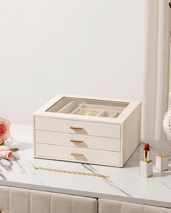Jewelry Box with Glass Lid,3-Layer Jewelry Boxes for Women,PU Leather Jewelry Organizer with 20-Grid Earring Drawer & Movable Dividers for Necklaces Rings - Cloud White - Image 4