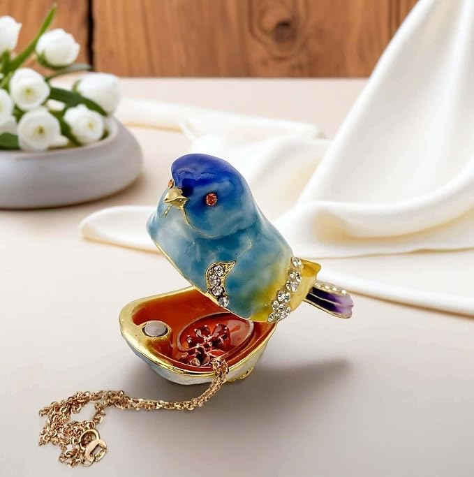 JWT Astyle Blue Mountain Bird Hinged Trinket Box with Crystal Stones .Animal Jewelry Box.Necklace Rings Earrings Storage.Bird Figurines Home Decor,Collectible Trinket Boxes Gift ., Blue Yellow - Image 4