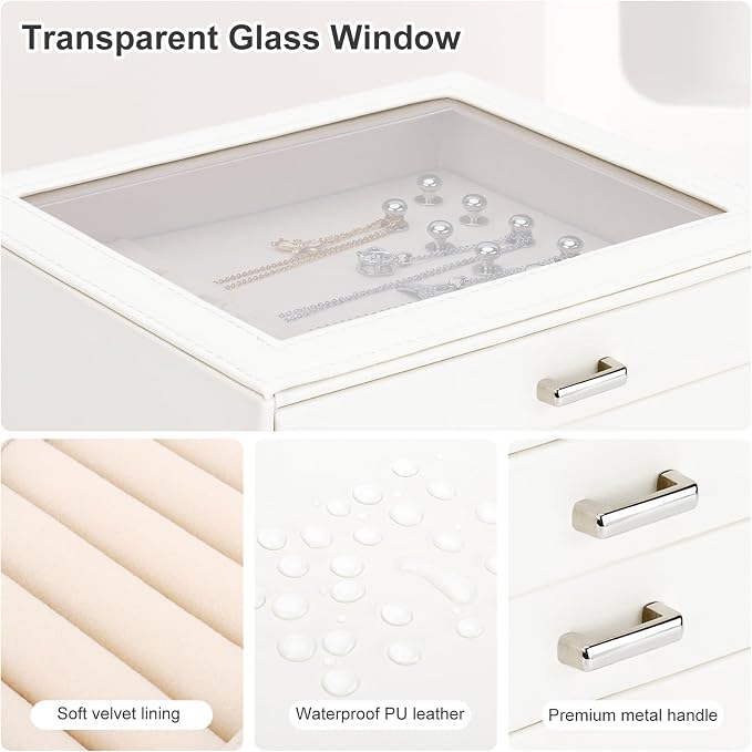 DesignSter Jewelry Box Organizer, Jewelry Box for Women, PU Jewelry Organizer Display Case with Side Drawers, Jewelry Storage for Earring Necklace Ring Bracelet Watch - Image 4