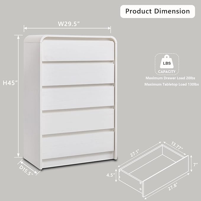 Aitjunz Modern 5 Drawers Dresser for Bedroom, 45" Tall Dressers & Chests of Drawers w/Curved Profile Design, Wood Mid Century Vertical Dresser w/Natural Texture for Bedroom, Living Room, Antique White