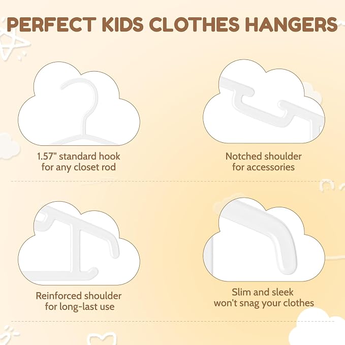 VILICK Kids Plastic Hangers, Baby Clothes Hangers for Closet 100 Packs Non-Slip Toddler Hangers for Infant Child Clothing, Small Children, for Pants Coats Skirts (White) - Image 5