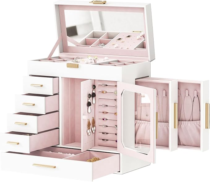 HOOBRO Jewelry Box with Mirror, Jewelry Organizer Box with Capacious Storage Space, Vertical Storage, Glass Cover, Modern Style, White and Light Gold WT06JB04G1 by HOOBRO