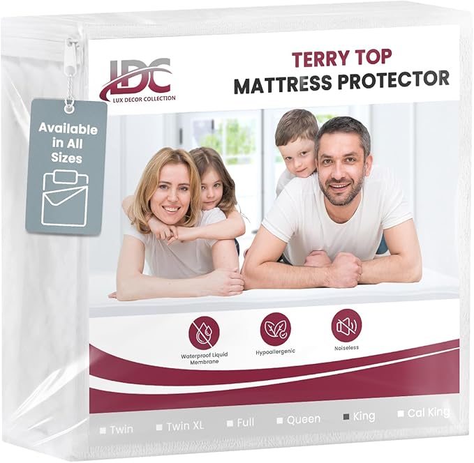 LUX Décor 100% Waterproof Terry King Mattress Protector – Soft, Noiseless Terry Cloth Top, Absorbent Breathable Mattress Cover, 16 inches Fitted Deep Pocket
