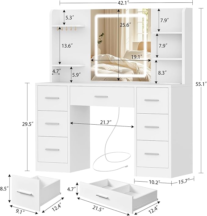 FIONESO Large Vanity Desk with LED Lighted Mirror & Power Outlet, Makeup Vanity Table with 7 Drawers,4 Shelves and 5 Hooks, White Vanity for Bedroom, Bathroom