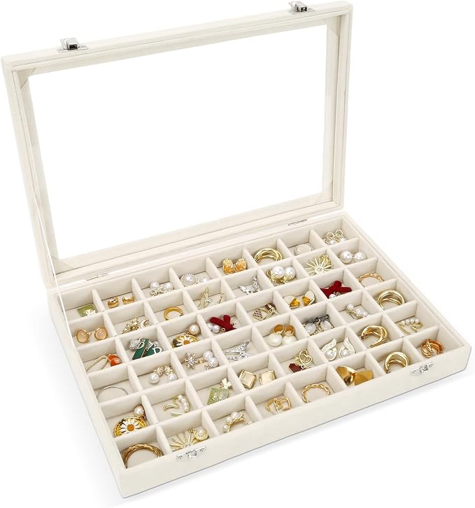 Velvet Jewelry Organizer Storage Tray, 48 Grid Adjustable Earring Holder Organizer with Clear Lid, Jewelry Display Box for Earrings, Rings, Necklaces and Studs, Gift for Women and Girls by DUNPUTE