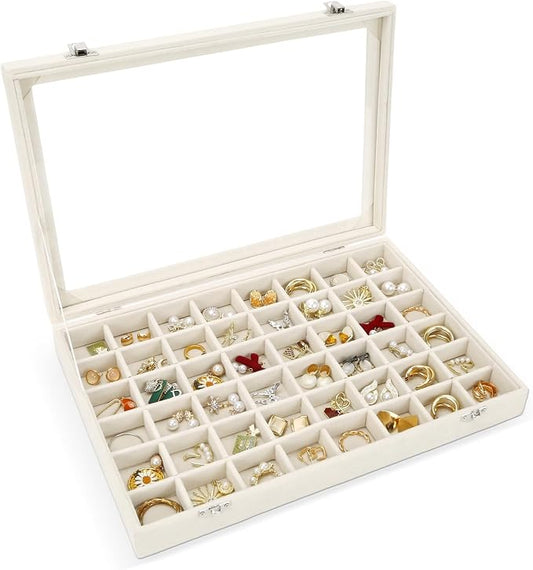 Velvet Jewelry Organizer Storage Tray, 48 Grid Adjustable Earring Holder Organizer with Clear Lid, Jewelry Display Box for Earrings, Rings, Necklaces and Studs, Gift for Women and Girls by DUNPUTE