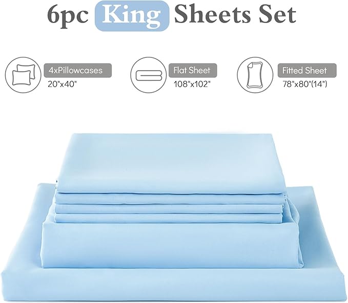 ILAVANDE King Size 6 Piece Bed Sheets Set, Baby Blue - 1800 Series Microfiber, Deep Pockets, Wrinkle & Fade Resistant, 5-Star Hotel Sleeping Experience