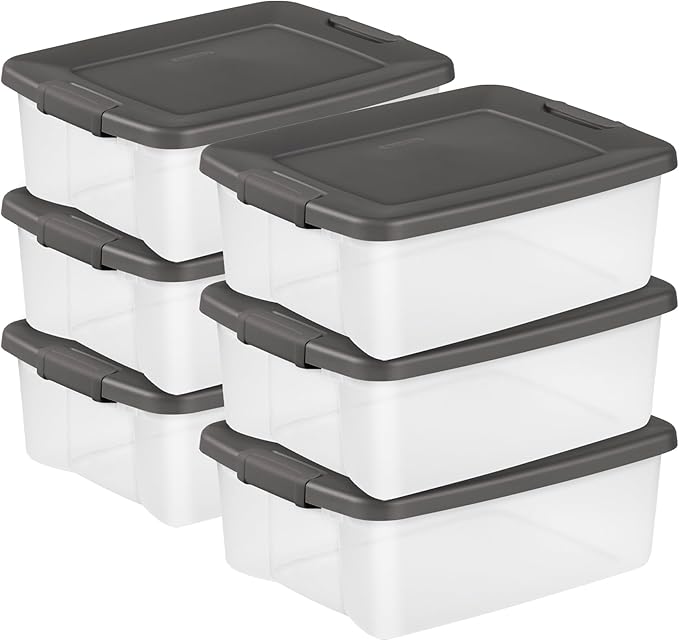 Sterilite 6-Pack ShelfTote, Clear Plastic Storage Bins with Lids, 25 Quart, Gray - Stackable Organizing Container Boxes for Closet, Bathroom, and Office by Sterilite