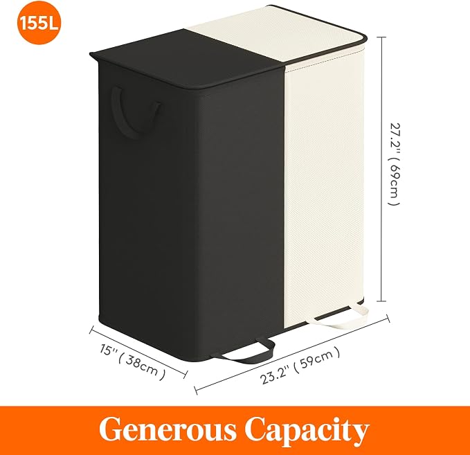 Lifewit Double Laundry Hamper with Lid and Removable Laundry Bags, Large Collapsible 2 Dividers Dirty Clothes Basket with Handles for Bedroom Laundry Room Closet Bathroom College, 155L White&Black - Image 5