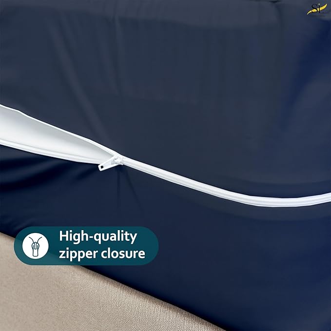 Mattress Protector King Size 100% Waterproof Zippered Cover, 15 Inches Deep, Six-Sided Mattress Encasement for Bed, Zipper Closure Style (Navy Blue)